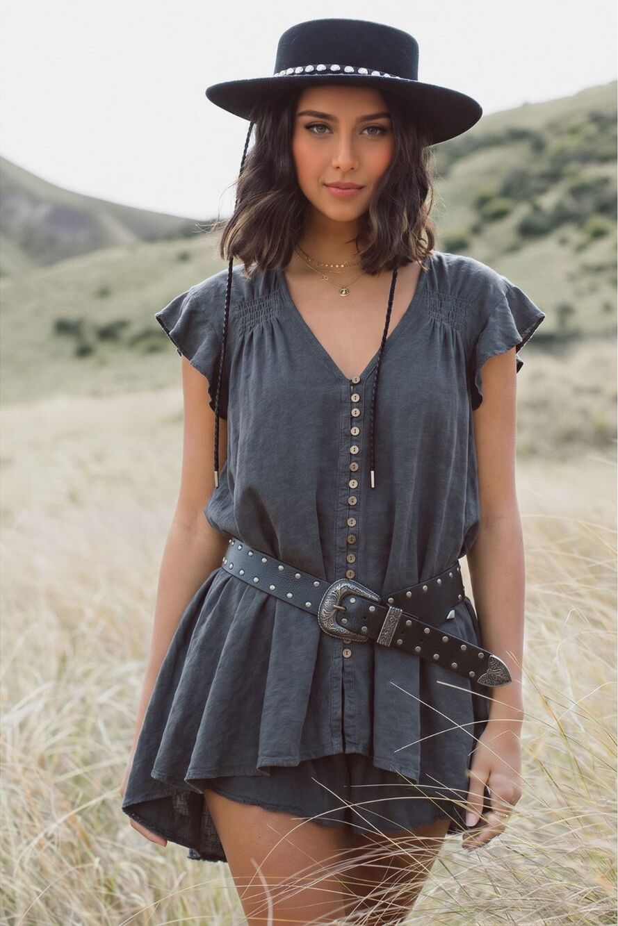 Free People Black High Low Button Front Smocked V-Neck Tunic Top M Boho Grunge